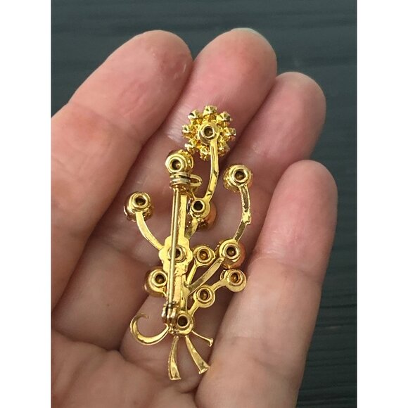 VTG Austria Floral Spray Brooch Red/Orange Rhinestones Gold-Tone Metal Unsigned - Picture 3 of 5